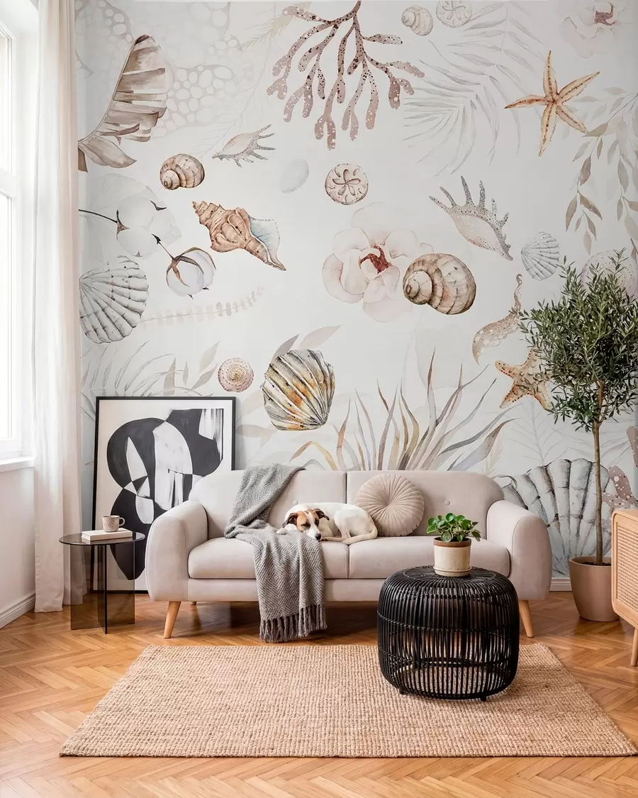Fototapeta Akwarela wzór marynistyczny, styl boho, muszle, koralowce, bawełna, kolory beżu w00851
