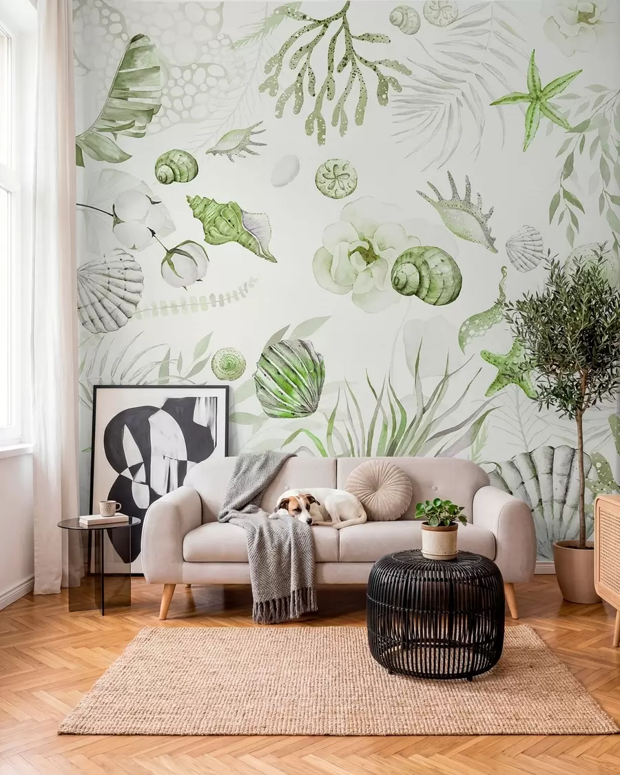 Fototapeta Akwarela wzór morski, styl boho, muszle, koralowce, bawełna, zielone kolory w00851v2