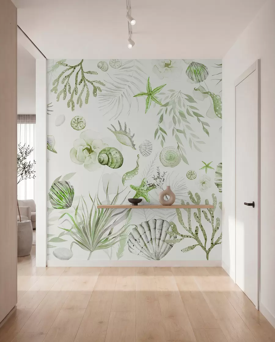 Fototapeta Akwarela wzór morski, styl boho, muszle, koralowce, bawełna, zielone kolory w00851v2