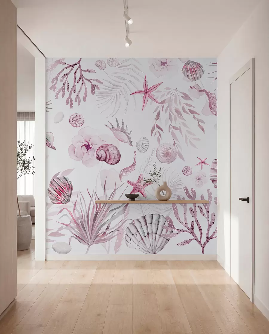 Fototapeta Akwarela wzór morski, styl boho, muszle, koralowce, bawełna, różowe kolory w00851v3