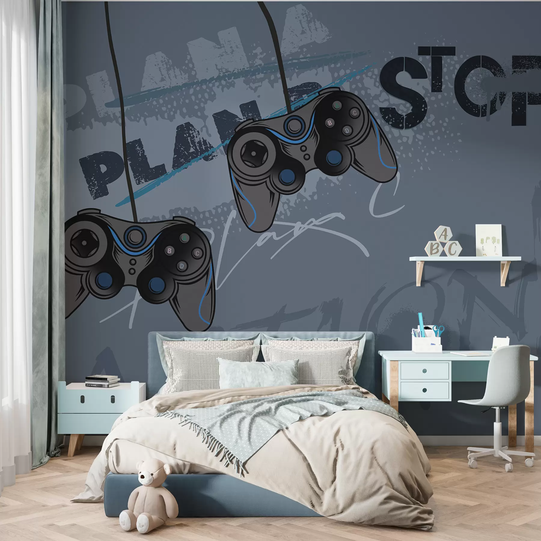 Fototapeta Tapeta dla dzieci dla nastolatków z joystickami i graficznymi napisami w kolorze niebieskim w00829