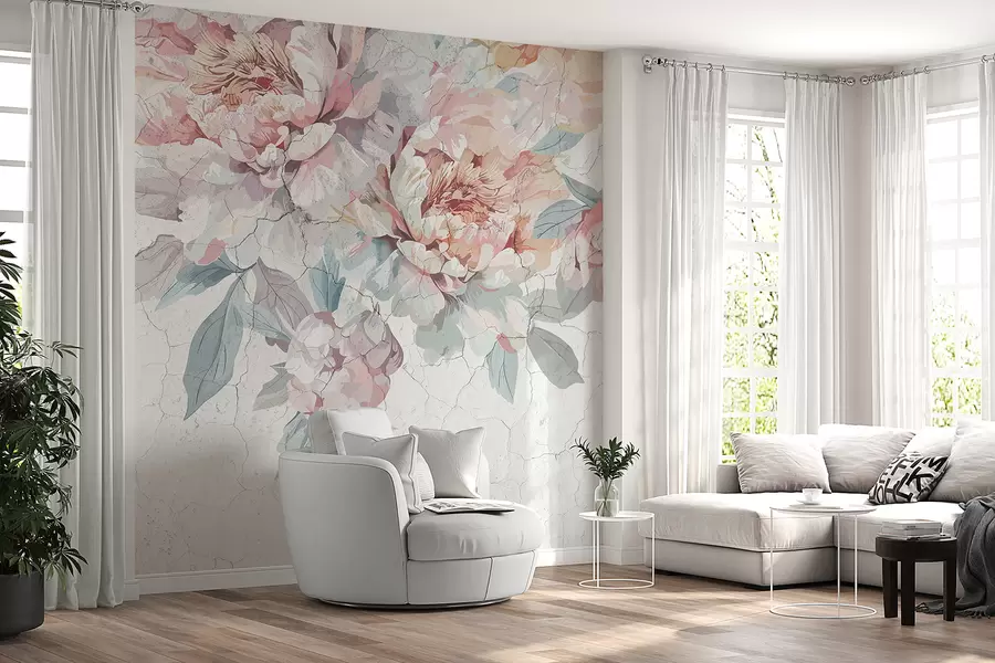 Fototapeta Bukiet dużych, miękkich pastelowych różowych i białych kwiatów piwonii z zielonymi liśćmi na jasnym tle w00896