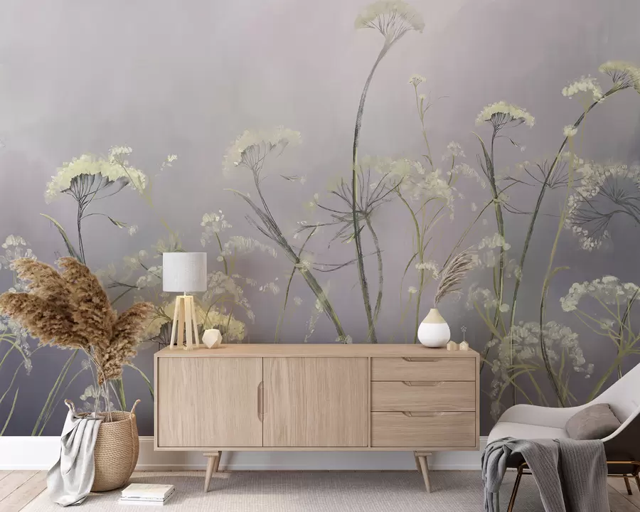 Fototapeta Białe kwiaty na mglistym polu z miękkim, rozmytym szarym tłem w00903