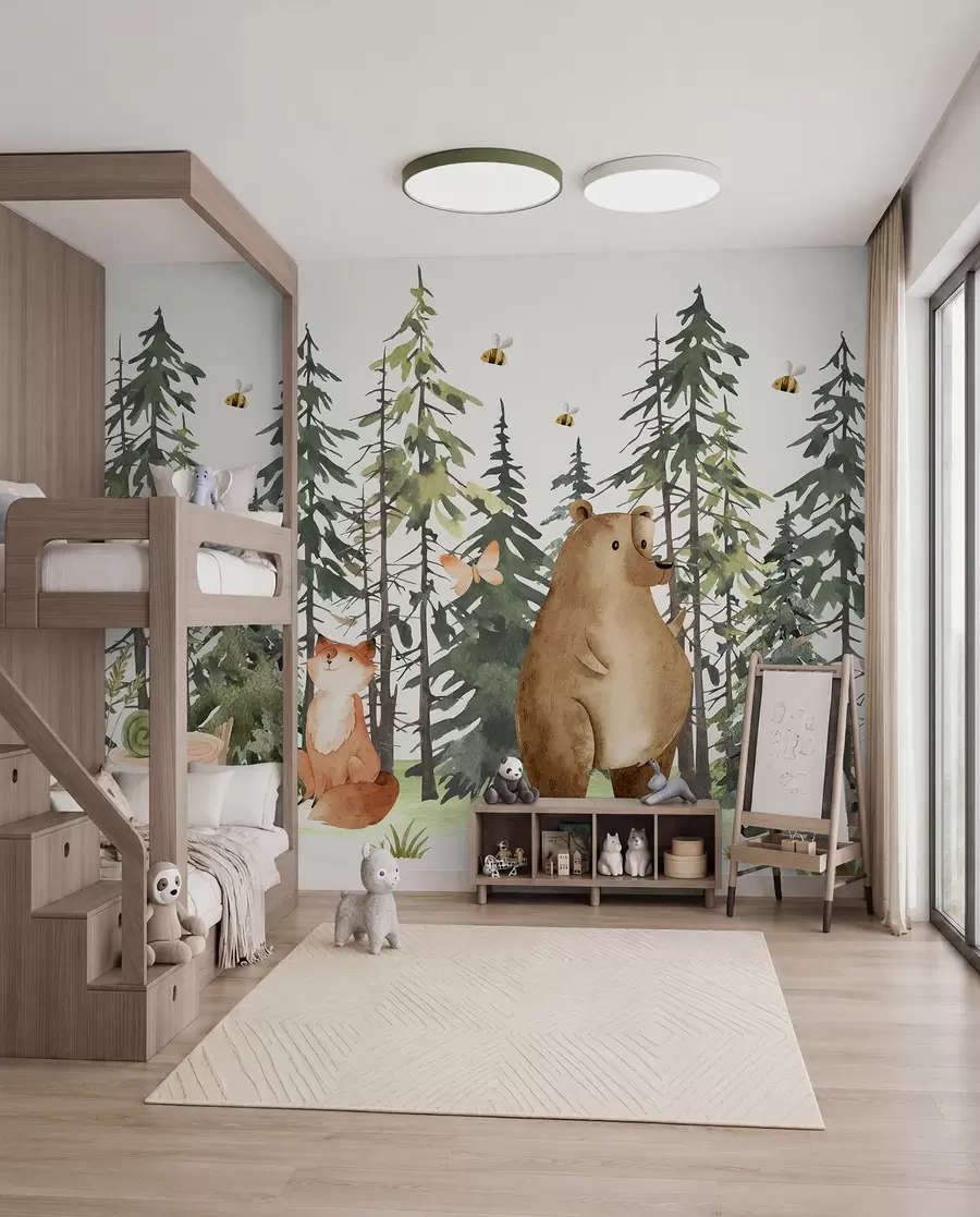 Fototapeta Scena leśna ze zwierzętami i różnymi sosnami w tle w00905