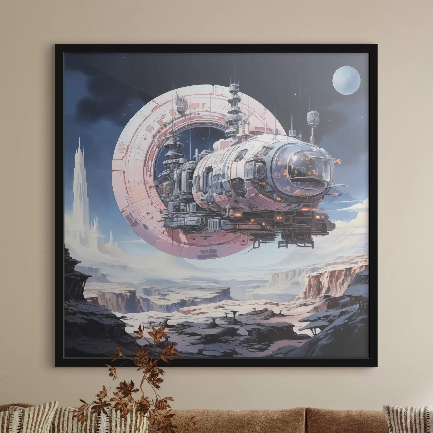 Fototapeta Statek kosmiczny w stylu cyberpunk leci w kosmosie nad asteroidą i planetą, kolor niebieski, beżowy, różowy, biały f39115