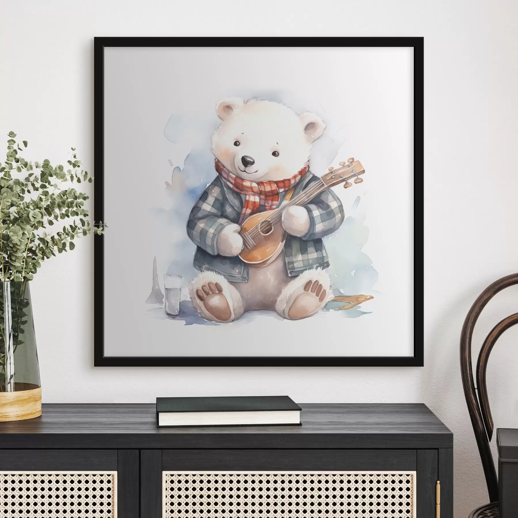 Fototapeta Muzyk niedźwiedź polarny w niebieskim garniturze w kratkę i czerwonym szaliku gra na gitarze akwarela ilustracja dla dzieci f39120