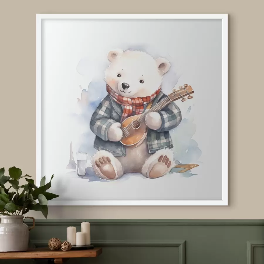 Fototapeta Muzyk niedźwiedź polarny w niebieskim garniturze w kratkę i czerwonym szaliku gra na gitarze akwarela ilustracja dla dzieci f39120