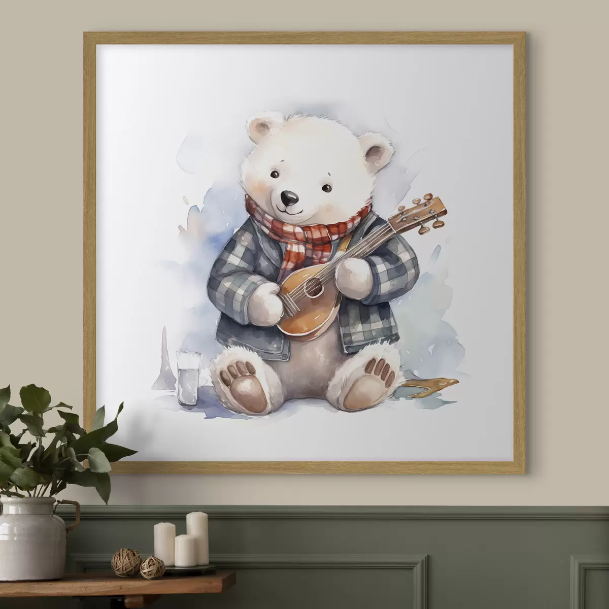Plakat Muzyk niedźwiedź polarny w niebieskim garniturze w kratkę i czerwonym szaliku gra na gitarze akwarela ilustracja dla dzieci f39120