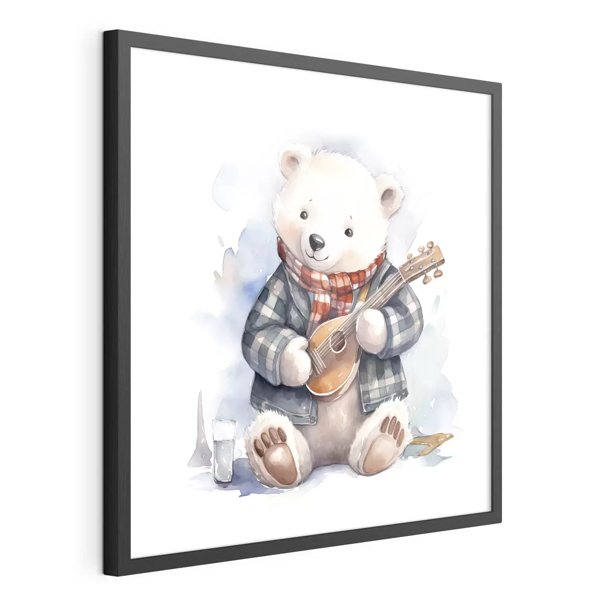 Plakat Muzyk niedźwiedź polarny w niebieskim garniturze w kratkę i czerwonym szaliku gra na gitarze akwarela ilustracja dla dzieci f39120