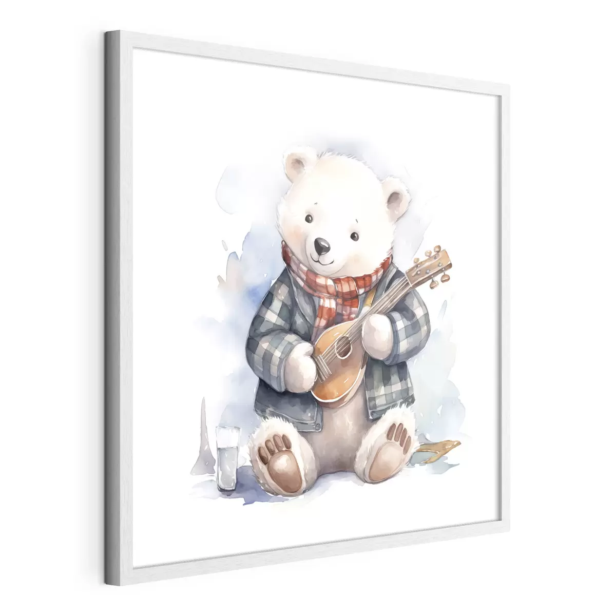Plakat Muzyk niedźwiedź polarny w niebieskim garniturze w kratkę i czerwonym szaliku gra na gitarze akwarela ilustracja dla dzieci f39120