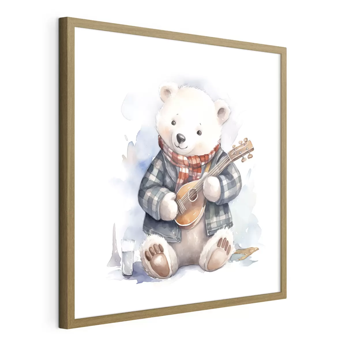 Plakat Muzyk niedźwiedź polarny w niebieskim garniturze w kratkę i czerwonym szaliku gra na gitarze akwarela ilustracja dla dzieci f39120