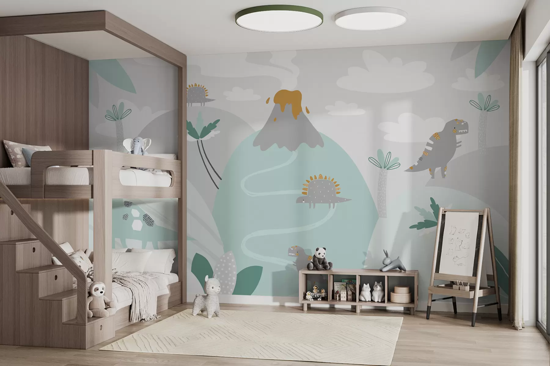 Fototapeta góry, wulkan i dinozaury w niebieskich odcieniach w00937