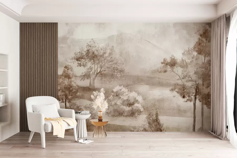 Fototapeta Malarstwo pejzażowe przedstawiające mglistą wieś otoczoną bujnymi drzewami i liśćmi w odcieniach brązu w01247