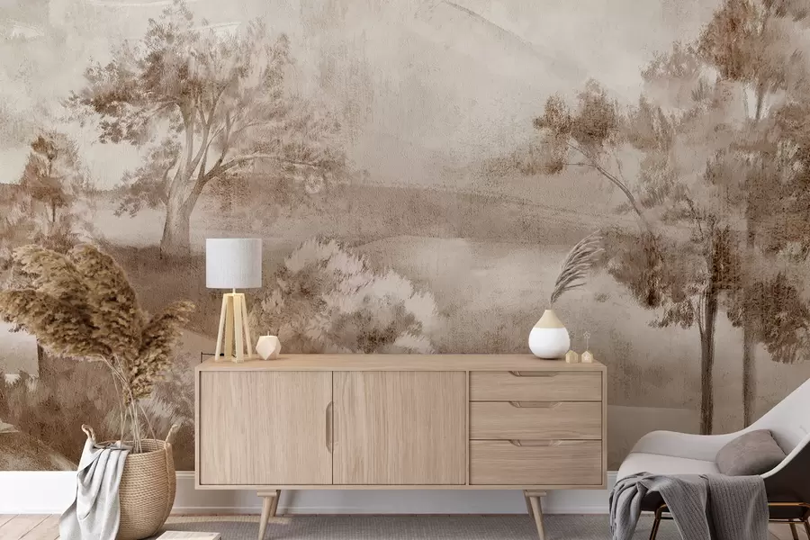 Fototapeta Malarstwo pejzażowe przedstawiające mglistą wieś otoczoną bujnymi drzewami i liśćmi w odcieniach brązu w01247