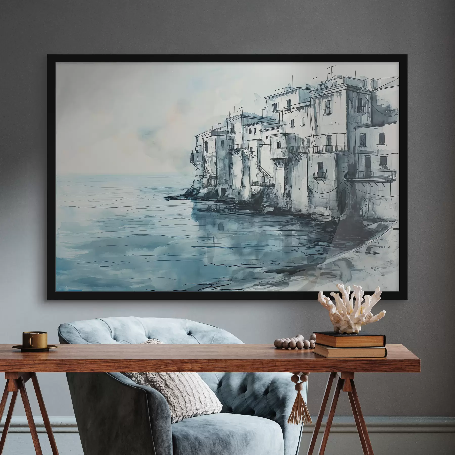 Fototapeta Akwarela szkic miasta na wodzie w kolorach niebieskim f39323