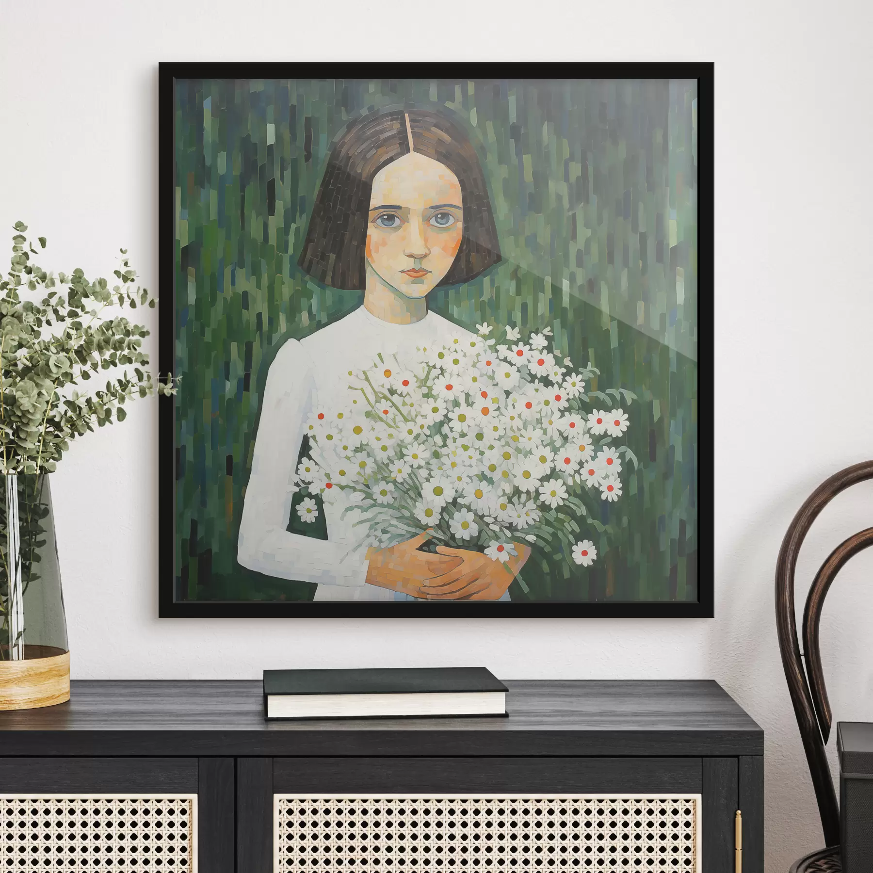 Fototapeta Dziewczyna w białej sukni z bukietem białych stokrotek w dłoniach na zielonym tle f39328