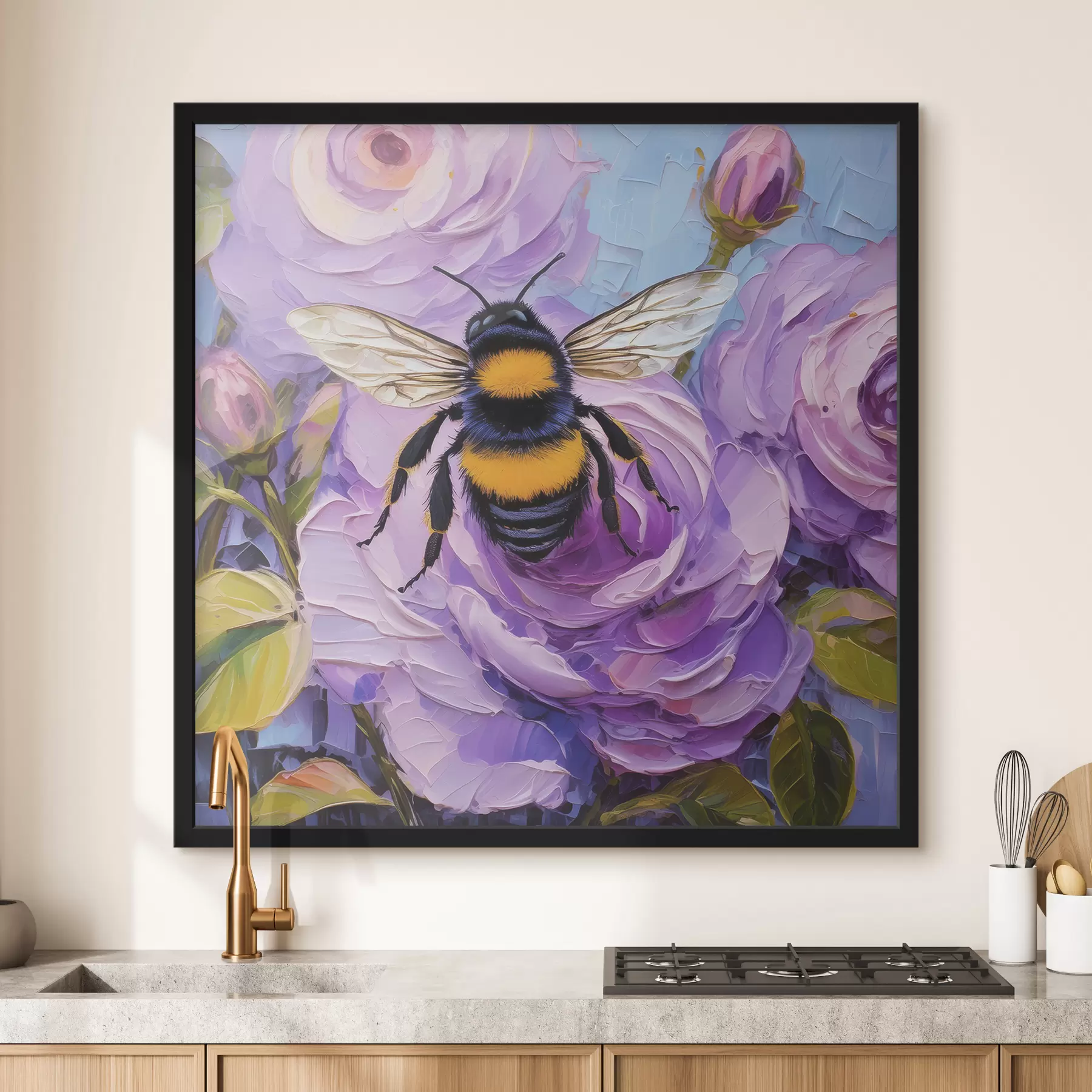 Fototapeta Pszczoła na różowych piwoniach, kolorowe letnie kwiaty, obraz olejny, żywe pociągnięcia pędzla f39411