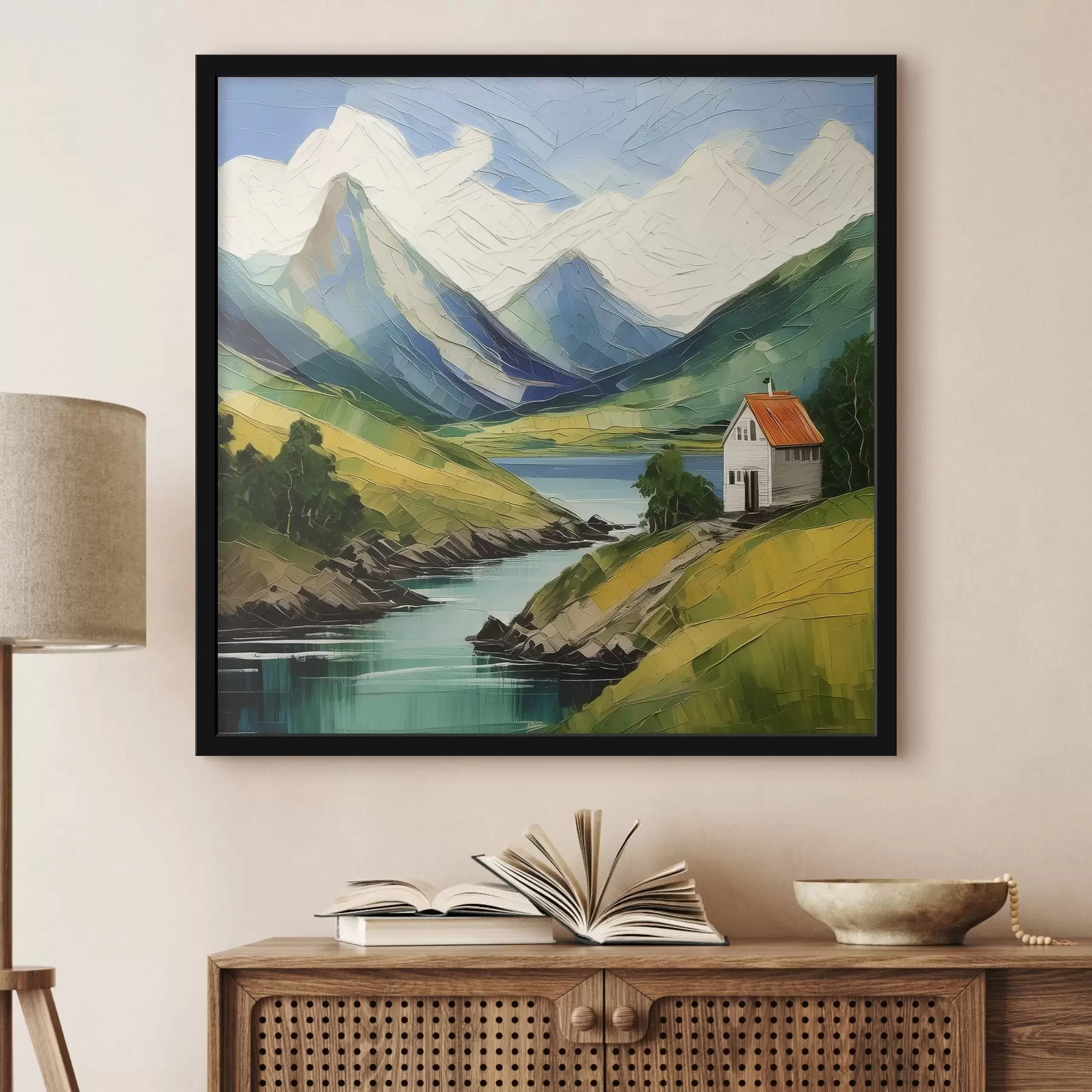 Fototapeta Norwegia krajobraz, zieleń, piękne góry, mały dom, natura, akryl f39422