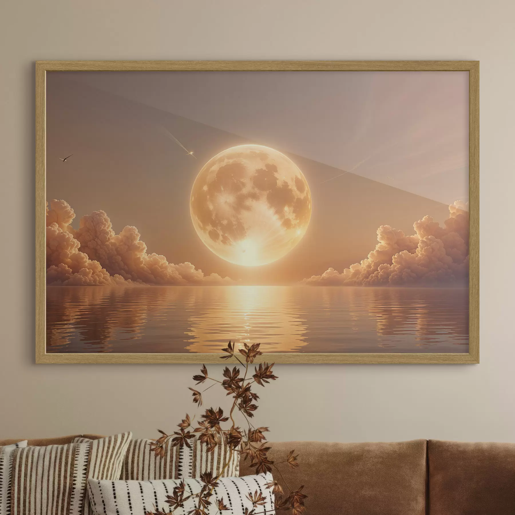 Fototapeta Duży, jasny księżyc w pełni wschodzący nad spokojnym, refleksyjnym oceanem o zachodzie słońca f39403