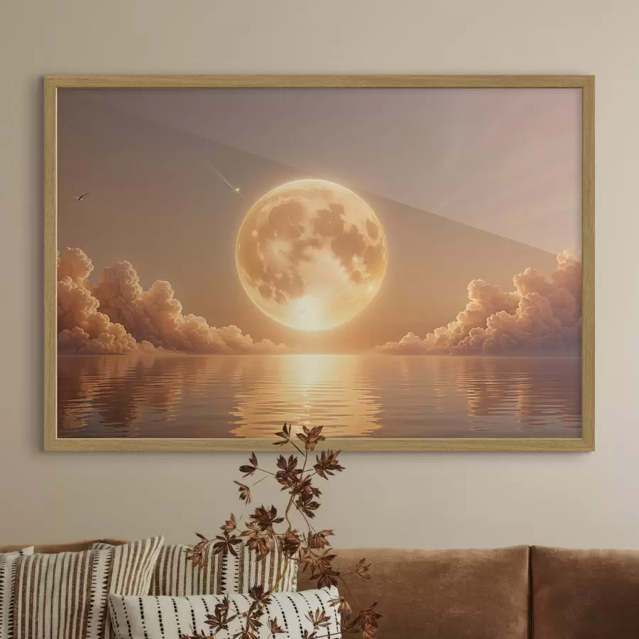 Fototapeta Duży, jasny księżyc w pełni wschodzący nad spokojnym, refleksyjnym oceanem o zachodzie słońca f39403