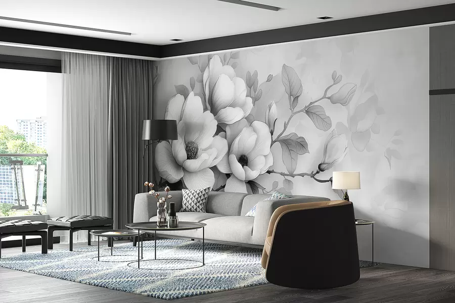 Fototapeta Czarno-biała ilustracja magnolii na szarym tle w01277