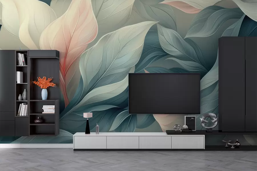 Fototapeta Abstrakcyjne jesienne liście w delikatnych niebiesko-pomarańczowych odcieniach w01280