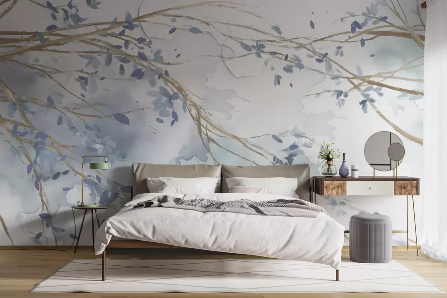 Fototapeta Delikatne niebiesko-białe kwiatowe gałązki z miękkim, rozmytym akwarelowym tłem w07919