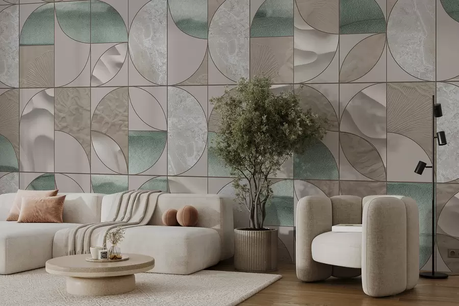 Fototapeta Geometryczny wzór zielonych, beżowych i białych tekstur ułożonych w powtarzający się abstrakcyjny wzór w07928