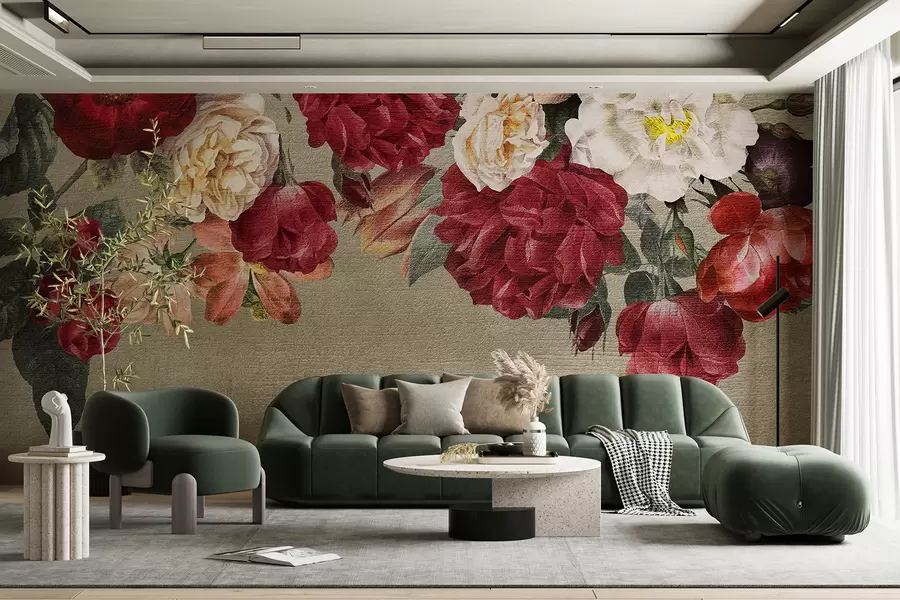 Fototapeta Sztuka vintage, żywe kwiaty z liśćmi na neutralnym teksturowanym tle w07929