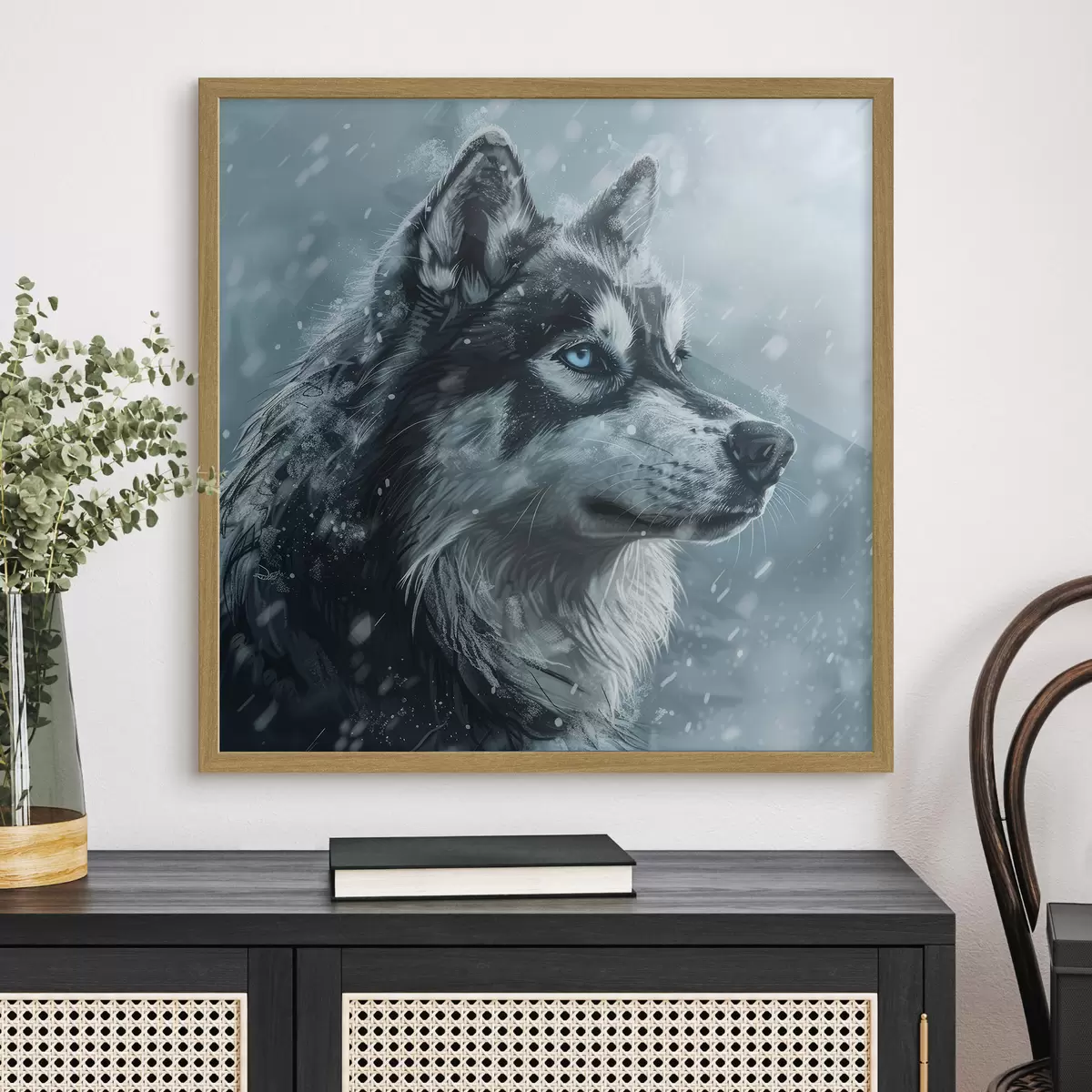 Plakat Husky z niebieskimi oczami na zimowym niebieskim tle f39462