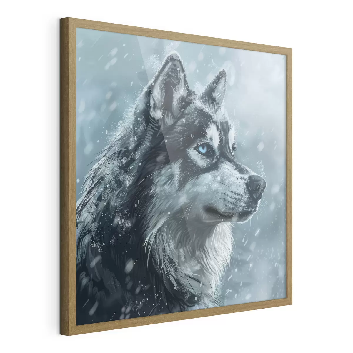 Plakat Husky z niebieskimi oczami na zimowym niebieskim tle f39462