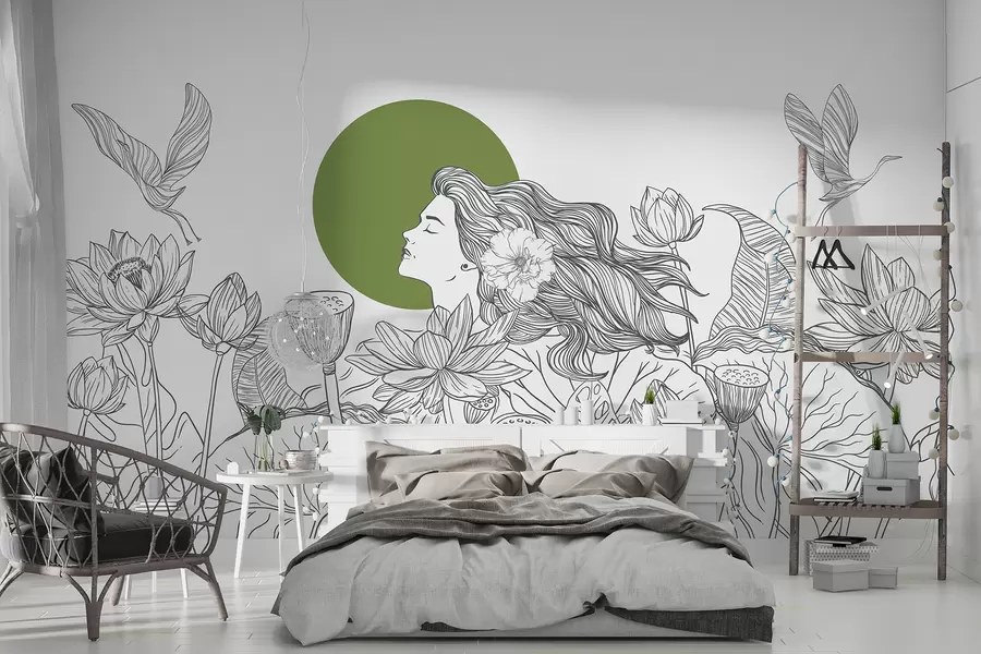 Fototapeta Kobieta w naturze, rysunek linii, kwiaty lotosu, duże liście, latające ptaki, kolor szary i zielony w07988v3