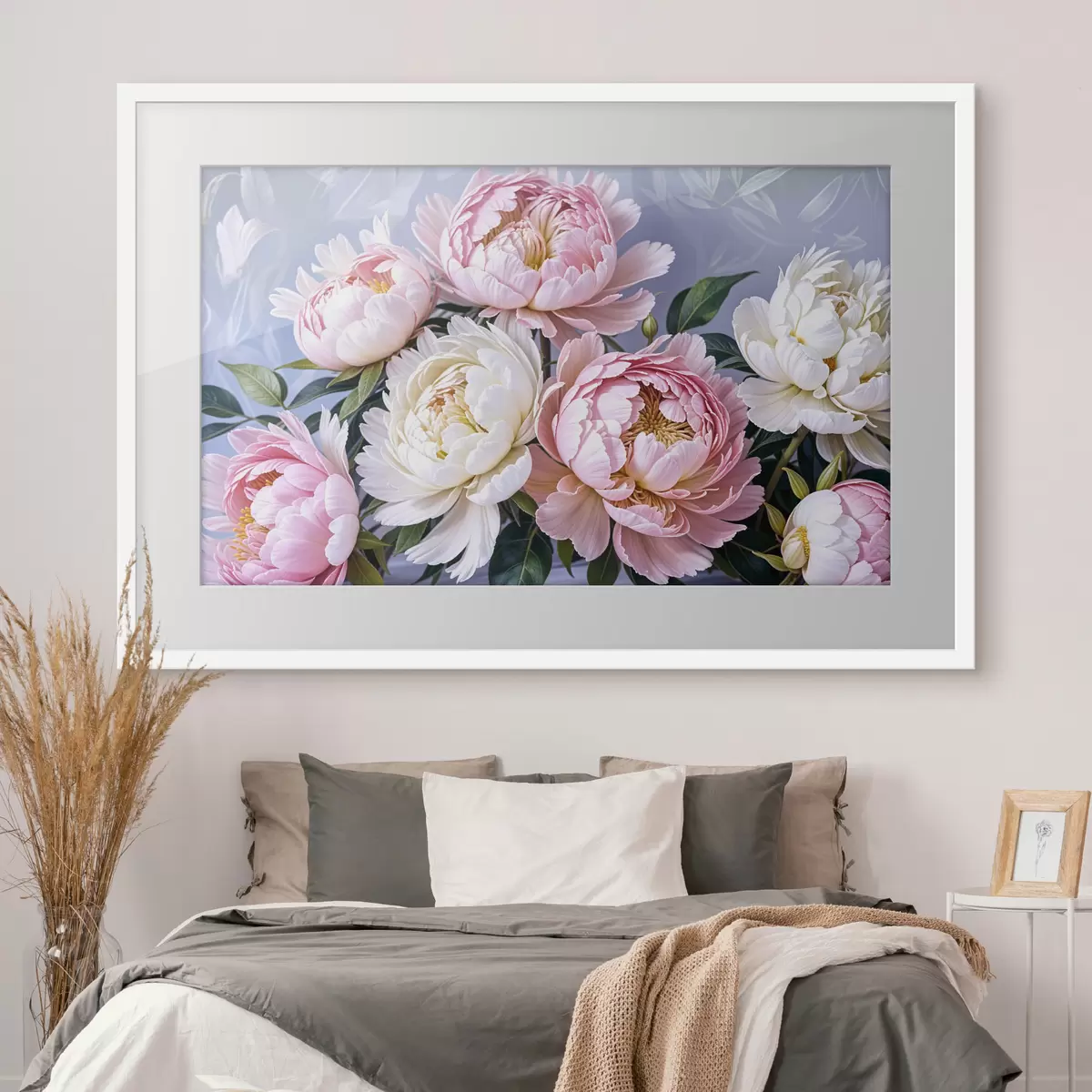 Plakat Bukiet dużych, soczystych różowych i białych kwiatów piwonii z zielonymi liśćmi na miękkim, rozmytym tle f39514