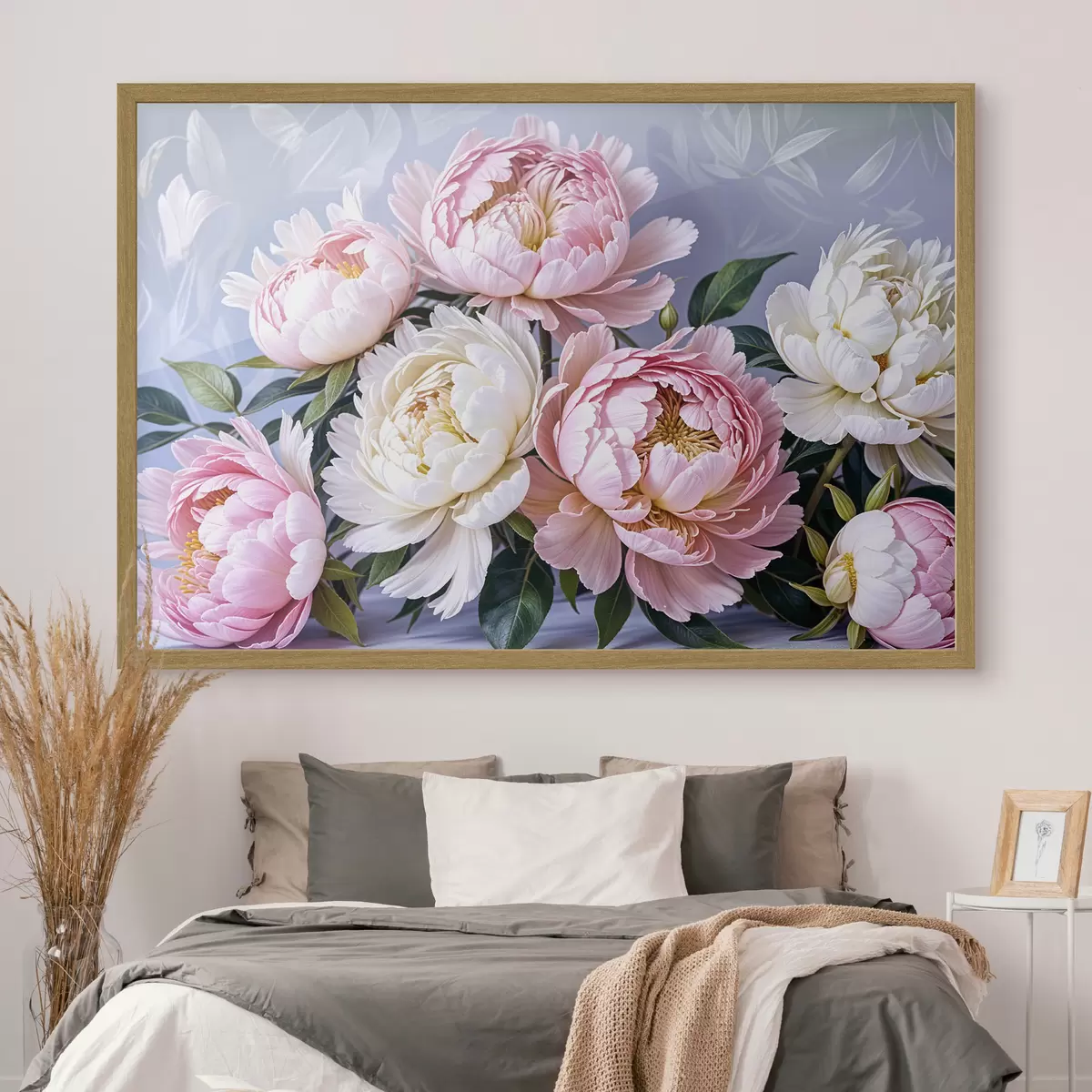 Plakat Bukiet dużych, soczystych różowych i białych kwiatów piwonii z zielonymi liśćmi na miękkim, rozmytym tle f39514