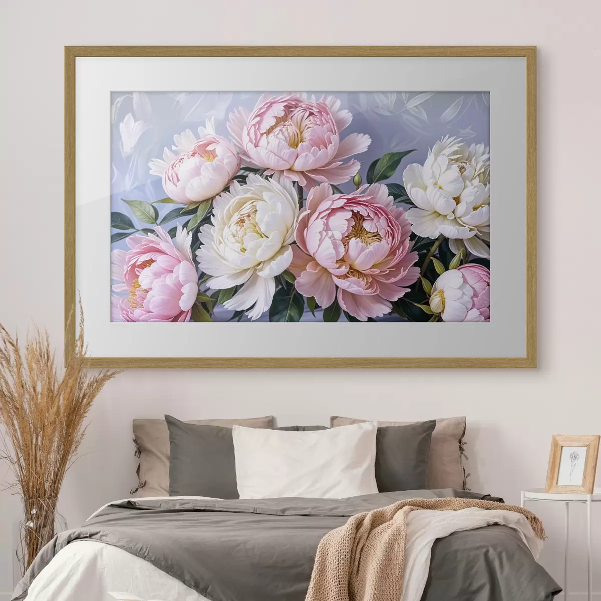 Plakat Bukiet dużych, soczystych różowych i białych kwiatów piwonii z zielonymi liśćmi na miękkim, rozmytym tle f39514