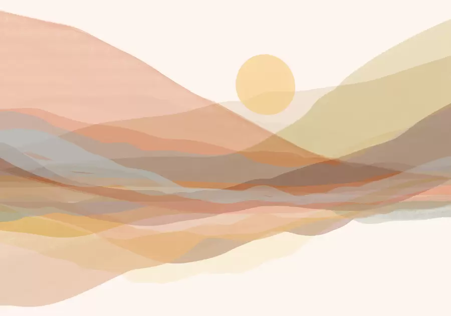 Fototapeta Górzysty krajobraz z ciepłym słońcem na niebie, falistymi wzgórzami w odcieniach pomarańczy, żółci i brązu w07976