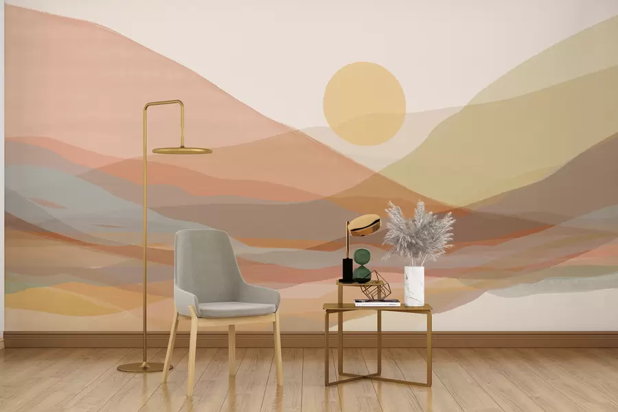 Fototapeta Górzysty krajobraz z ciepłym słońcem na niebie, falistymi wzgórzami w odcieniach pomarańczy, żółci i brązu w07976