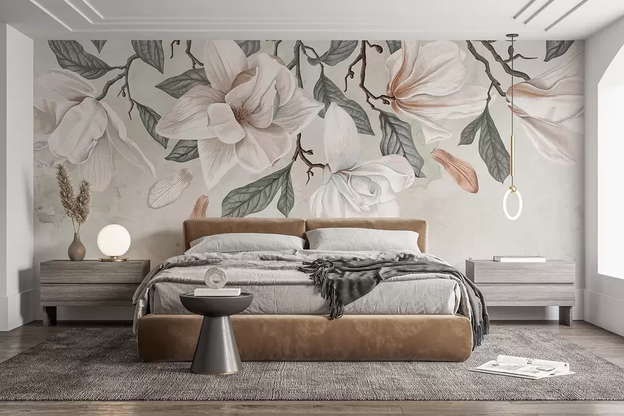 Fototapeta Delikatne różowe i białe kwiaty magnolii z zielonymi liśćmi na jasnym tle, delikatna, kwiatowa kompozycja w07977
