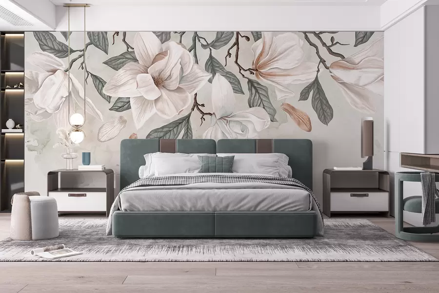 Fototapeta Delikatne różowe i białe kwiaty magnolii z zielonymi liśćmi na jasnym tle, delikatna, kwiatowa kompozycja w07977