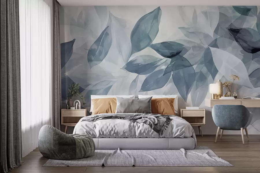 Fototapeta Miękkie szaro-białe liście akwareli z rozmytym, eterycznym tłem w07981