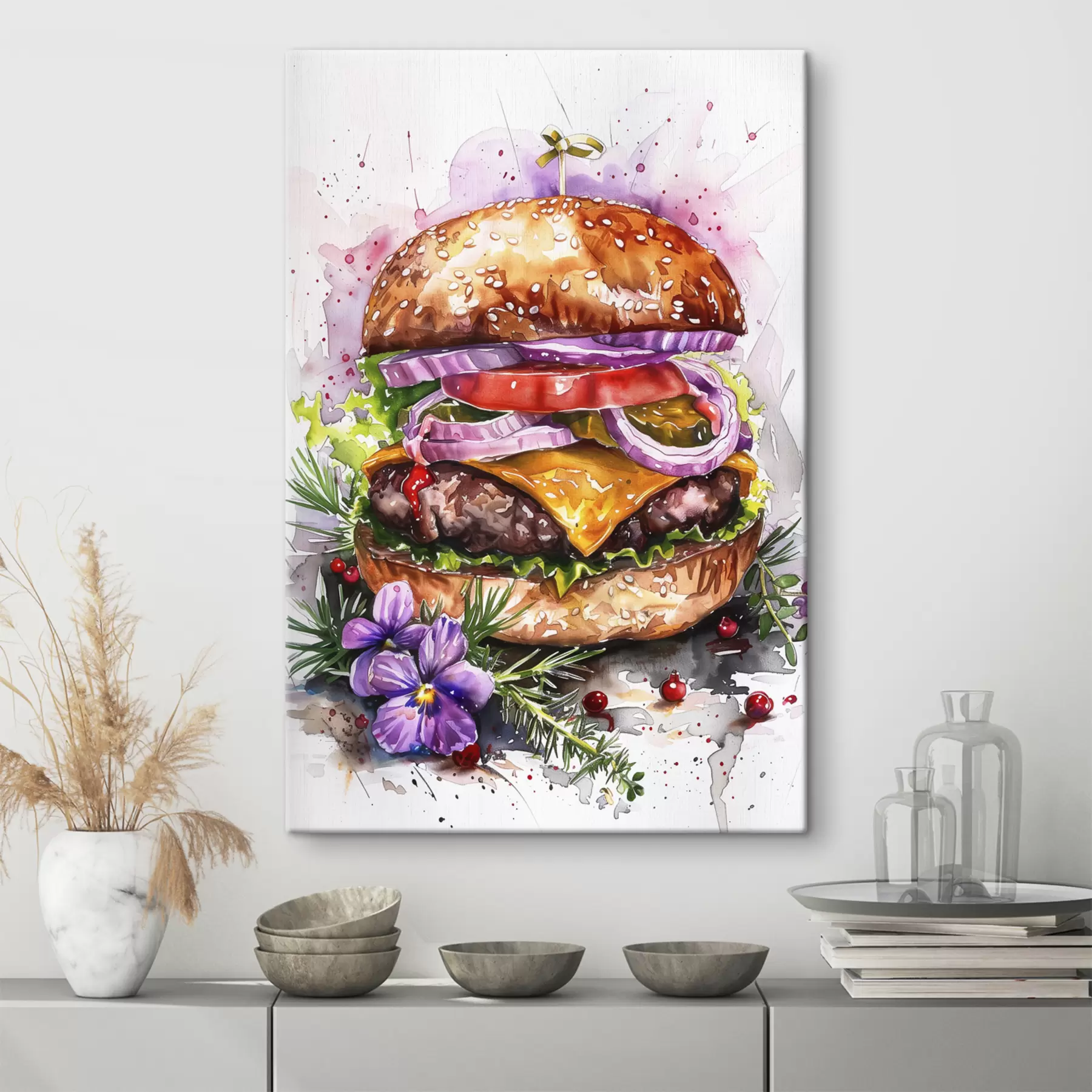 Fototapeta Burger, smaczna sztuka kulinarna, akwarela, kwiatowa s39698