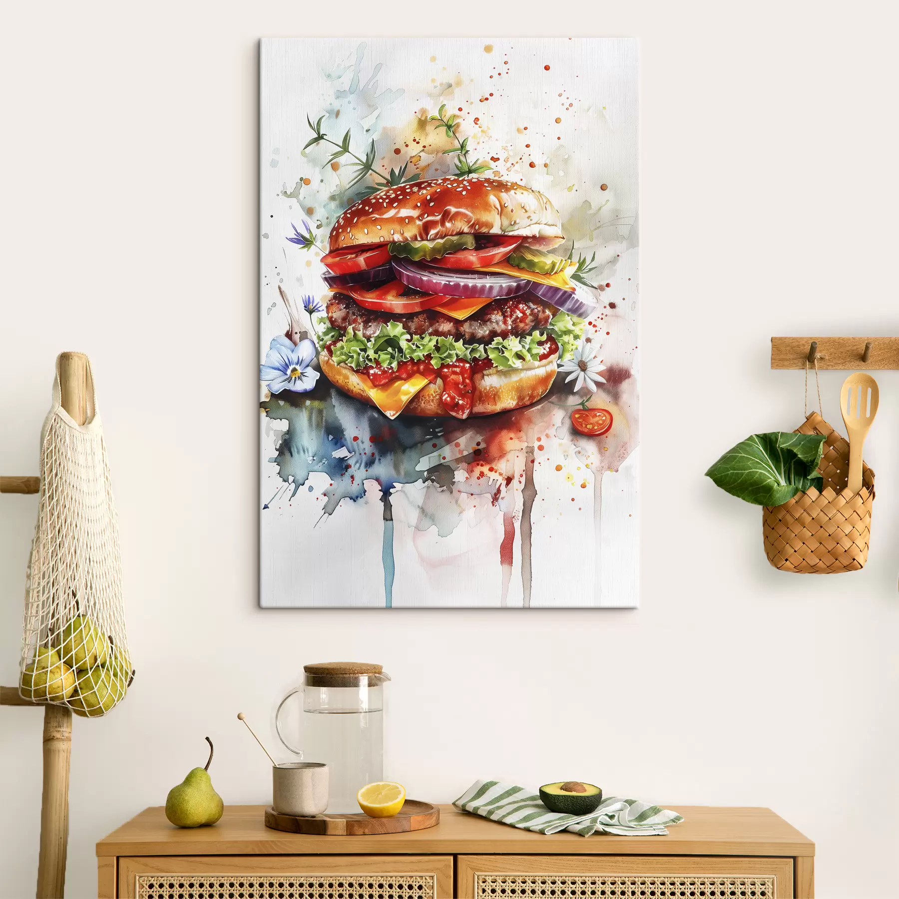 Fototapeta Smaczny burger z mięsem, kwiatami, akwarelą, sztuką kulinarną s39699
