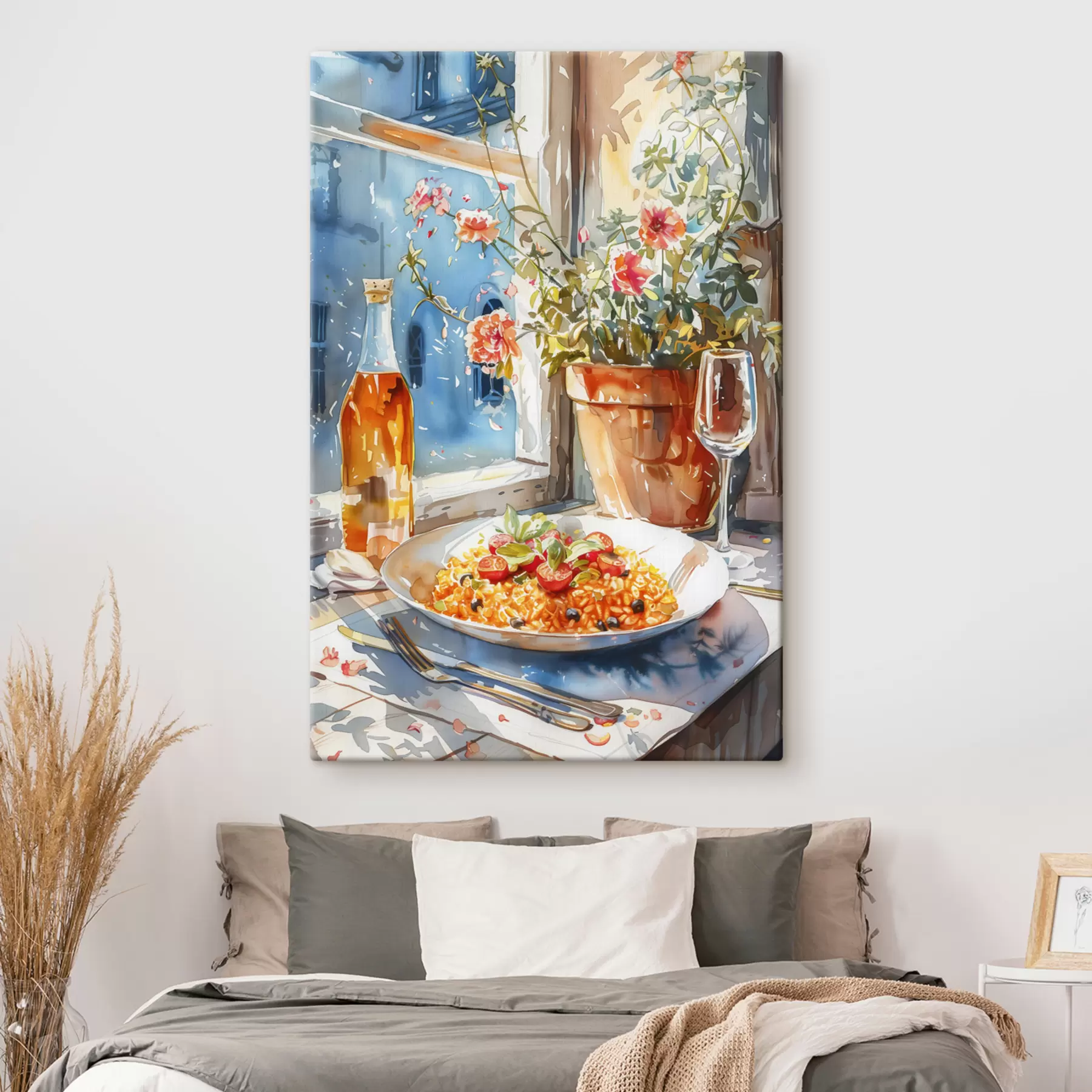 Obraz Gałąź akwarelowa z risotto, kolory lata, śródziemnomorski, doniczka s39705
