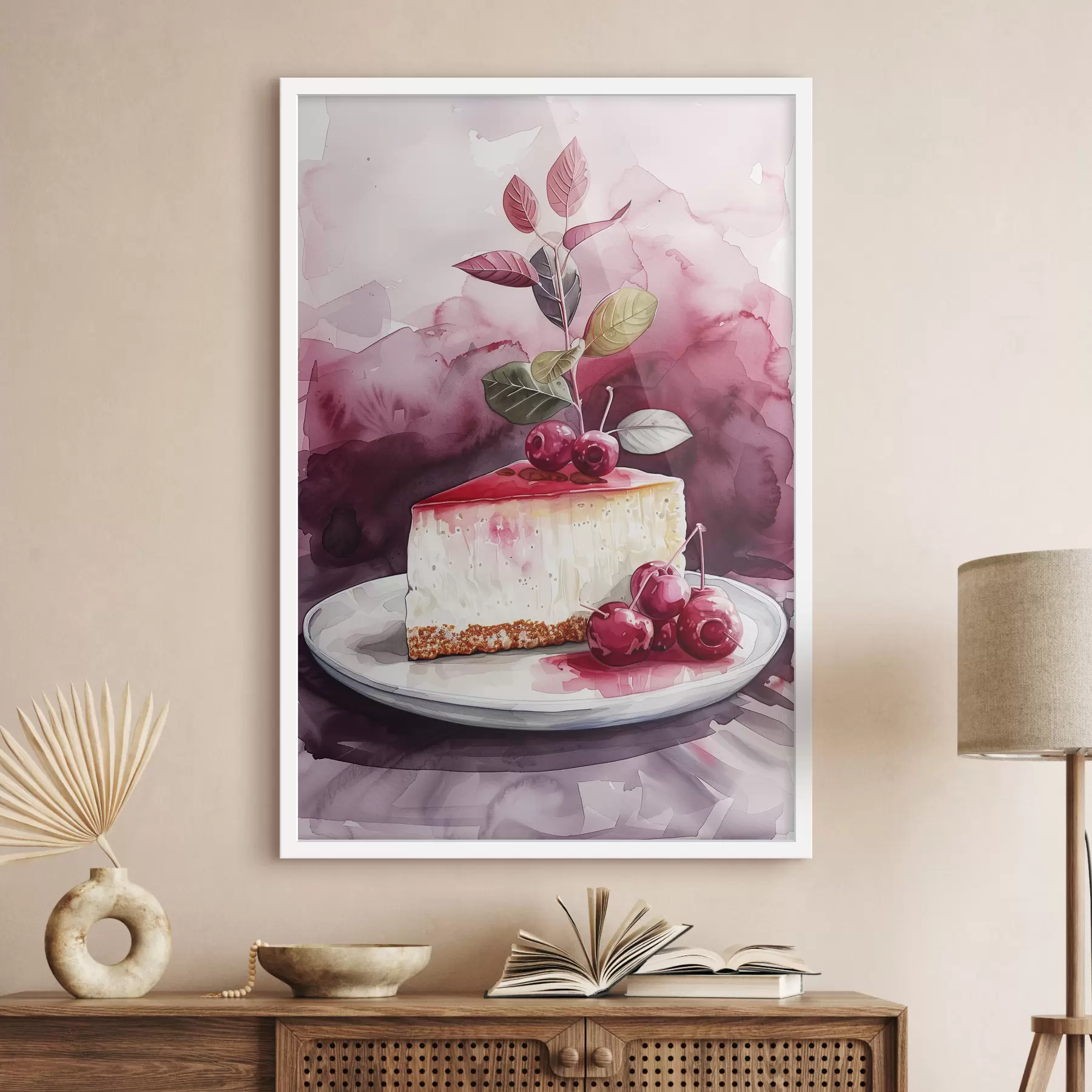 Fototapeta Akwarelowy sernik z wiśniami, elegancka sztuka kulinarna, kolory czerwony i fioletowy f39700