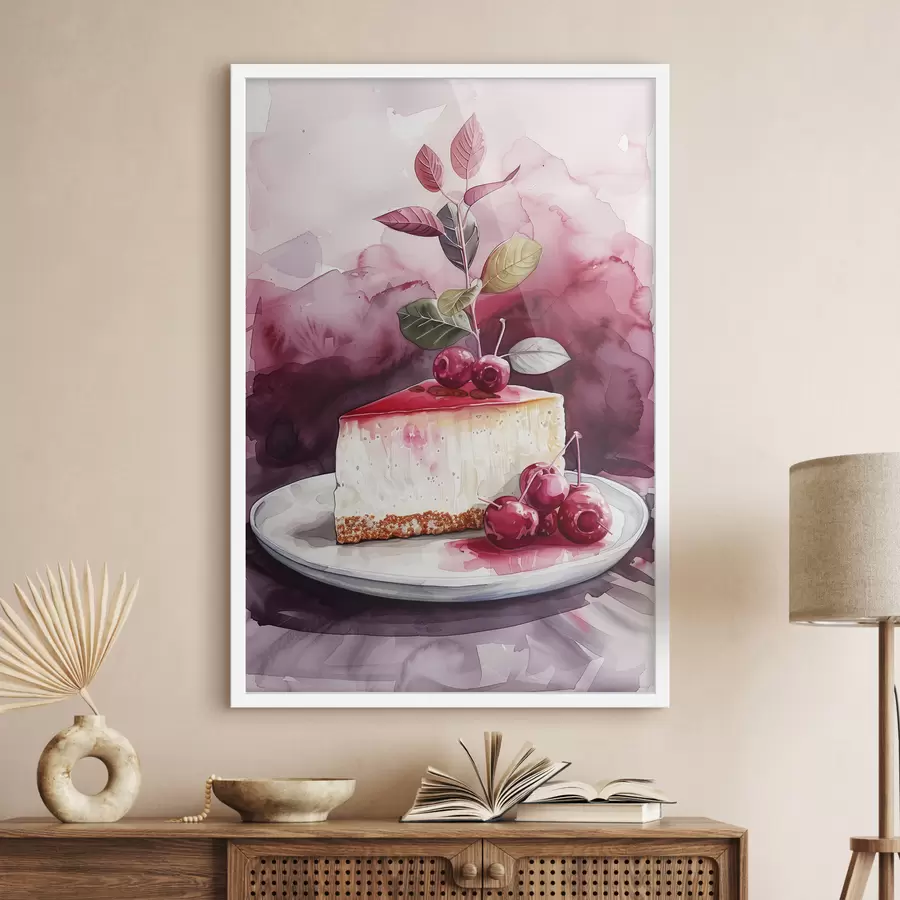 Fototapeta Akwarelowy sernik z wiśniami, elegancka sztuka kulinarna, kolory czerwony i fioletowy f39700