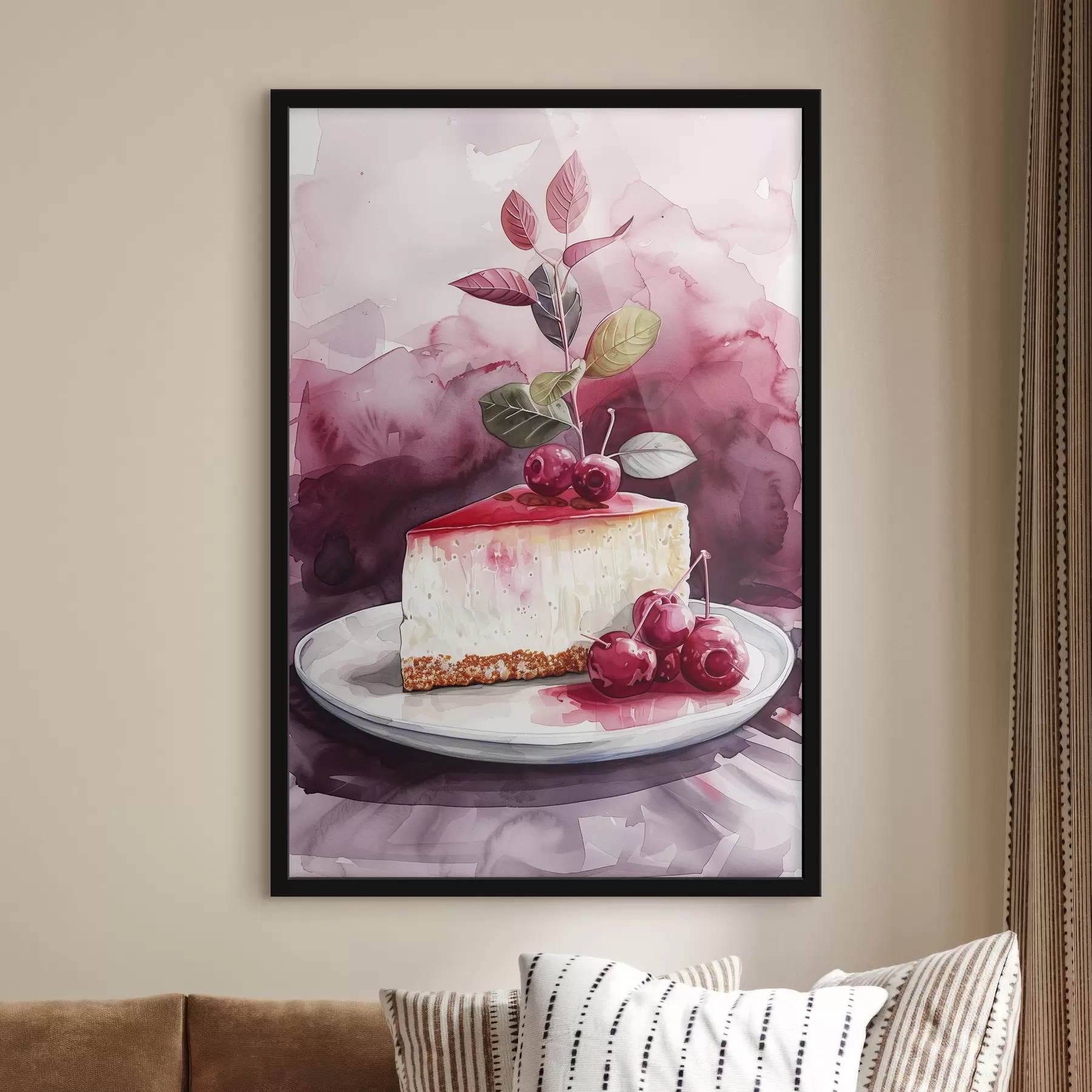 Fototapeta Akwarelowy sernik z wiśniami, elegancka sztuka kulinarna, kolory czerwony i fioletowy f39700