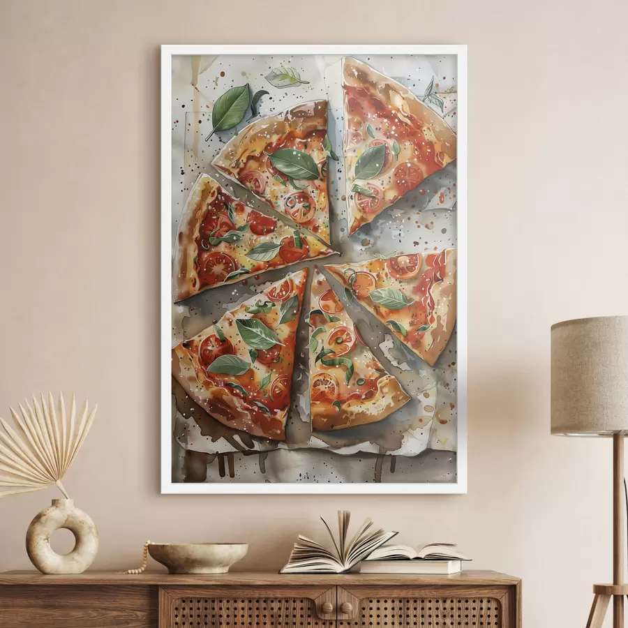 Fototapeta Pyszna włoska pizza, akwarelowa sztuka kulinarna, margarita, pomidory f39703