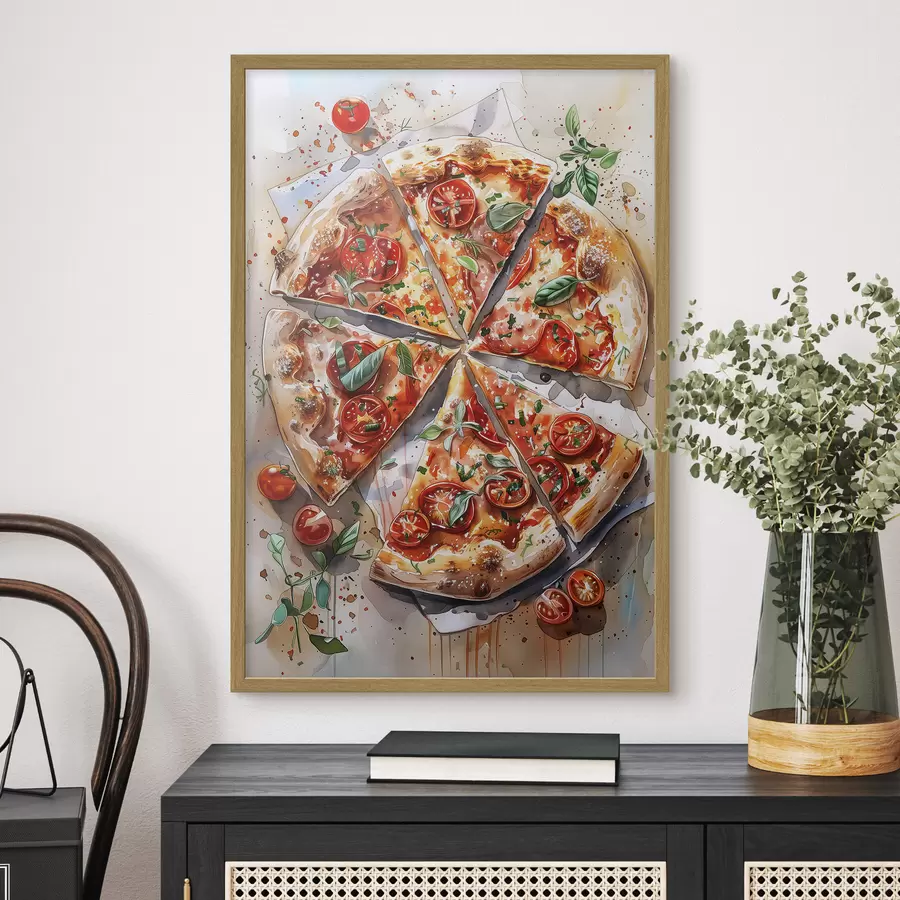 Fototapeta Akwarela pizza, pyszna, pomidory i ser, sztuka kulinarna, drewniany stół f39704