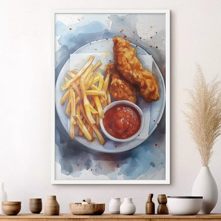 Fototapeta Akwarela street food, frytki z pieczonym kurczakiem, pyszne f39709