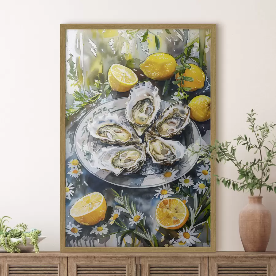 Fototapeta Eleganckie ostrygi na talerzu, cytryny i kwiaty, letnie kolory, śródziemnomorskie f39710